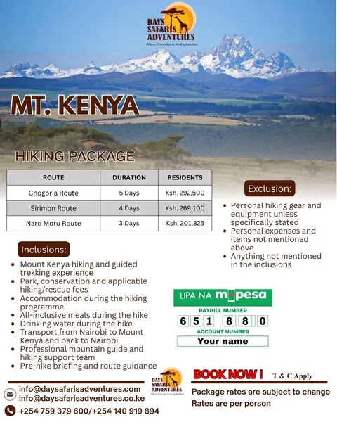 Mt. Kenya Hiking Package for Residents