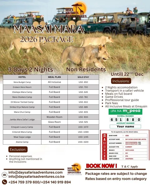 Maasai Mara 2026 Package for Non-Residents, 3 Days 2 Nights